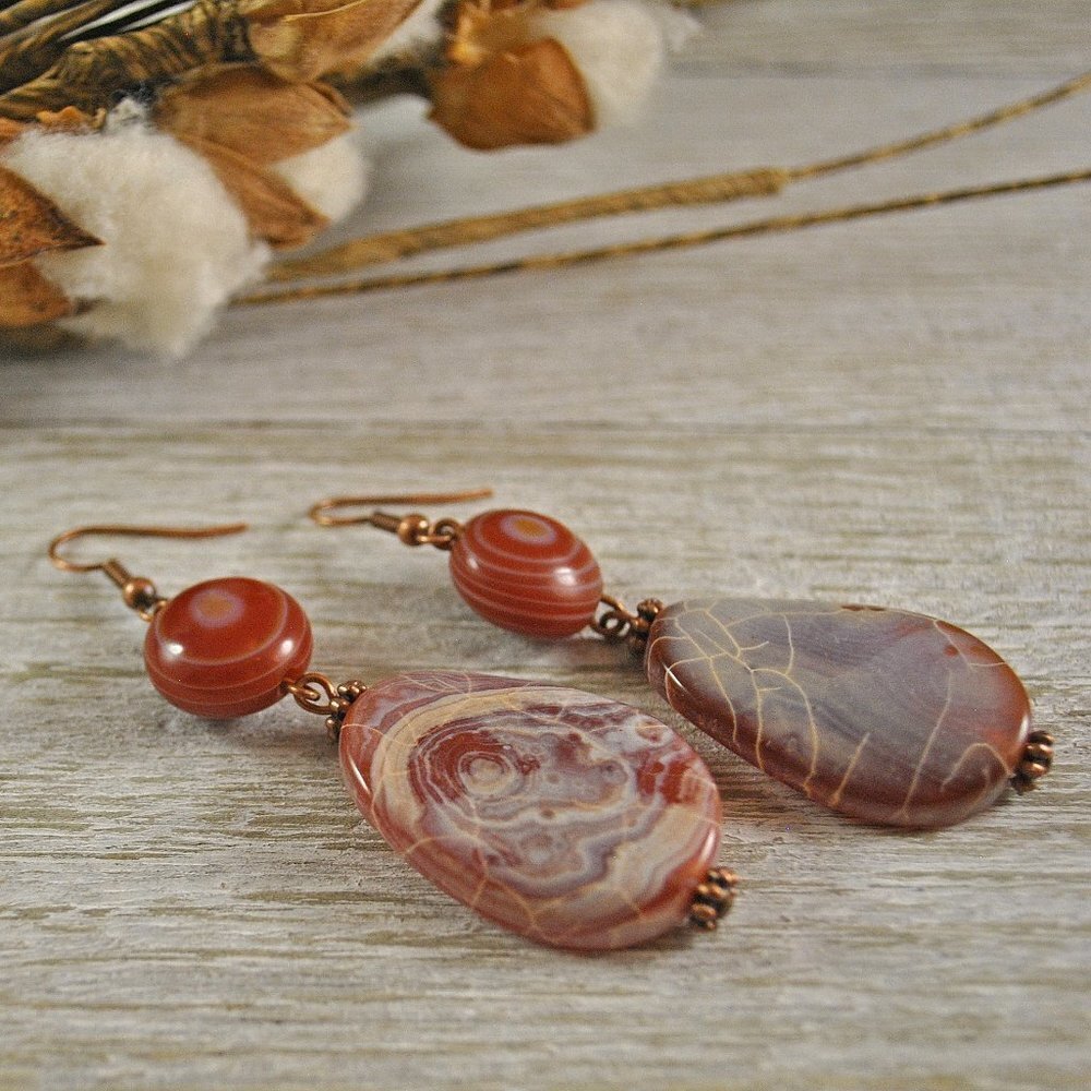 Fire Agate & Banded Agate Earrings Handmade​​​​